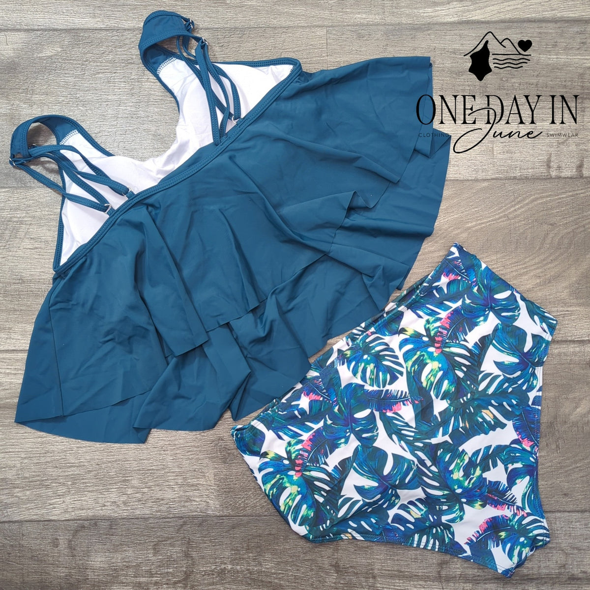 Adisputent Flounce Tankini High Waist Tropical Bikini Swimsuit Teal NWT Size XL