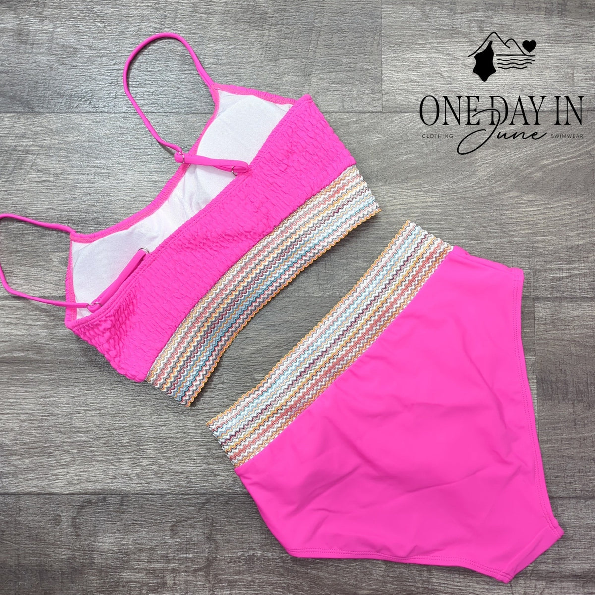 Blooming Jelly Smocked Crop Bikini Swimsuit Hot Pink High Waist 2 Piece Size M