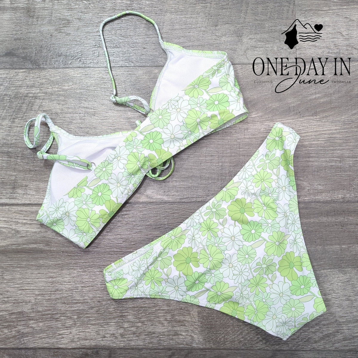 Aleumdr Floral Print Bikini Set Green White Ruched Tie Front 2 Piece Size S