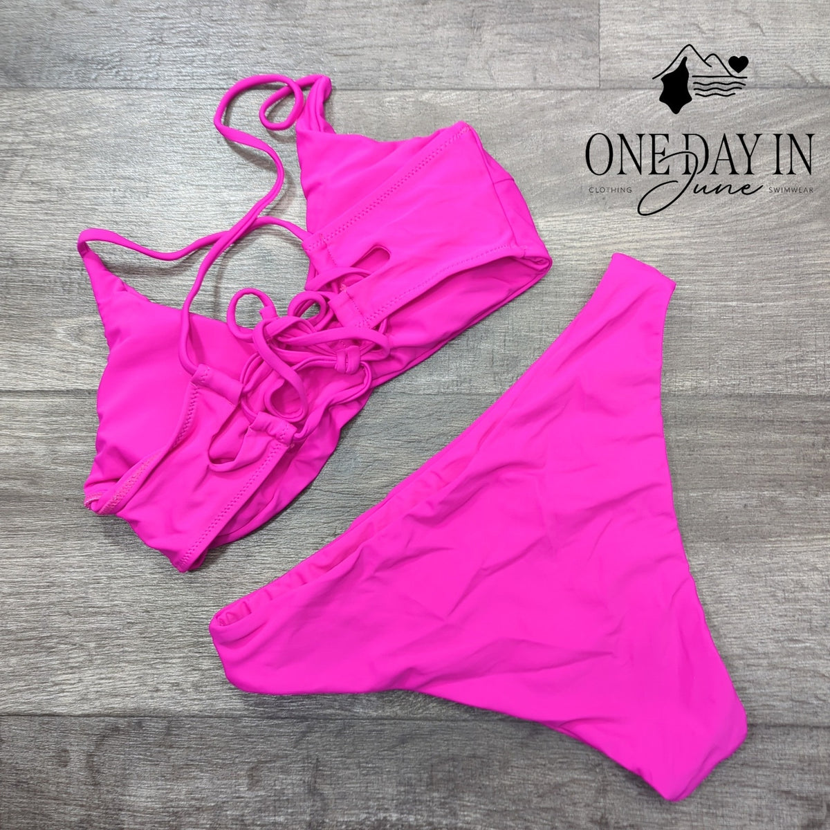 Zaful Lace Up Back Bikini Swimsuit Hot Pink Fuchsia Two Piece Size M