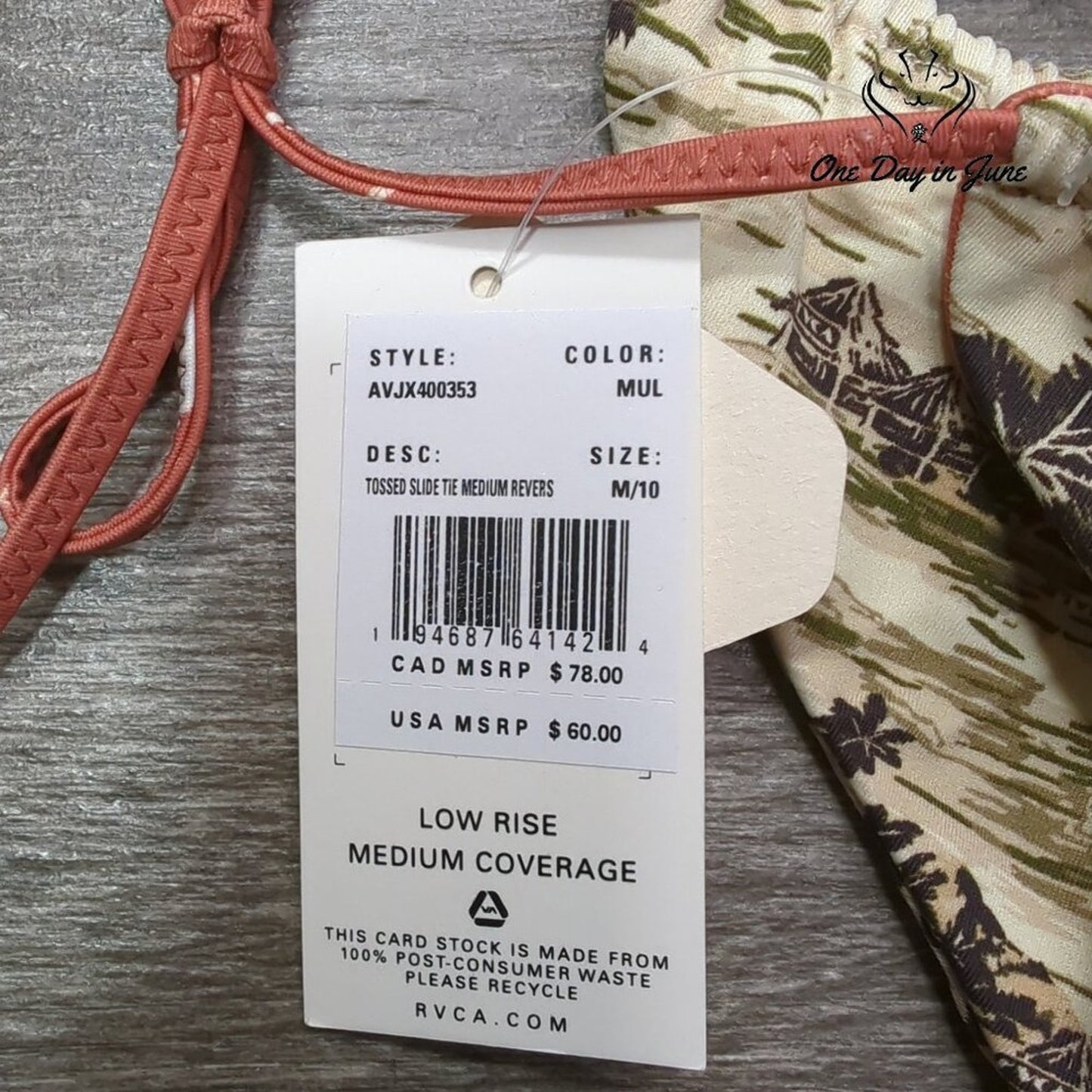 RVCA Tossed Slide Tie Medium Reversible Bikini Bottom Size M