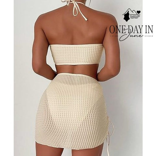 Aleumdr 3 Piece Bikini Swimsuit Cream Textured Halter Skirt Set Size XS