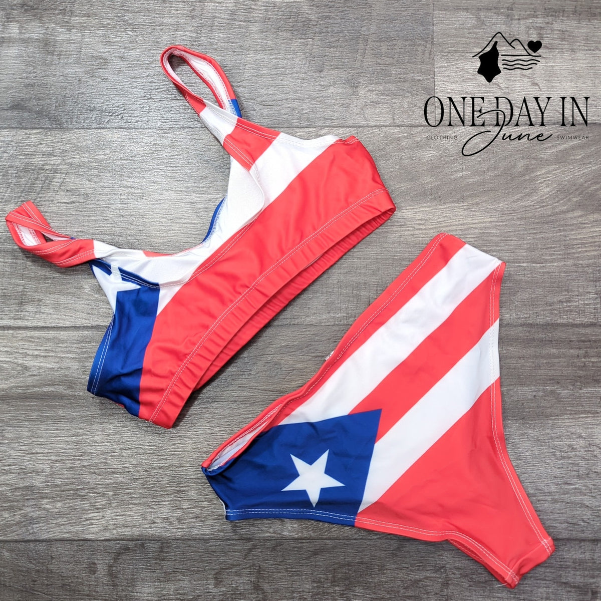 Adisputent Puerto Rico Flag Crop Top Bikini Swimsuit Red White Blue Size S