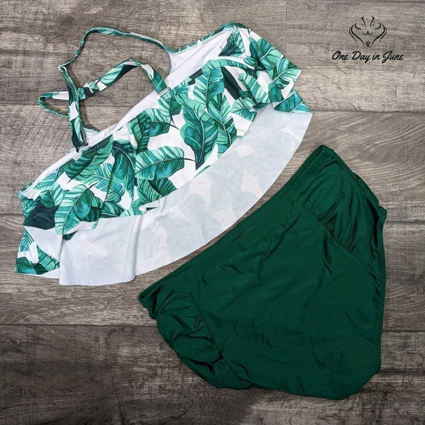 Uoknice Flounce Top Ruched Bottom Palm Leaf Bikini Swimsuit Size XXL