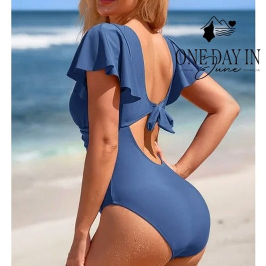 Charmo Ruffle Shoulder Tie Back One Piece Swimsuit Blue NWT Size M