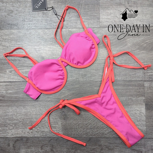 Zaful Ribbed Underwire High Cut Tie Side Bikini Pink Orange NWT Size S