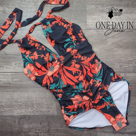CharmLeaks V Front Tummy Control One Piece Swimsuit Floral Halter NWT Size S