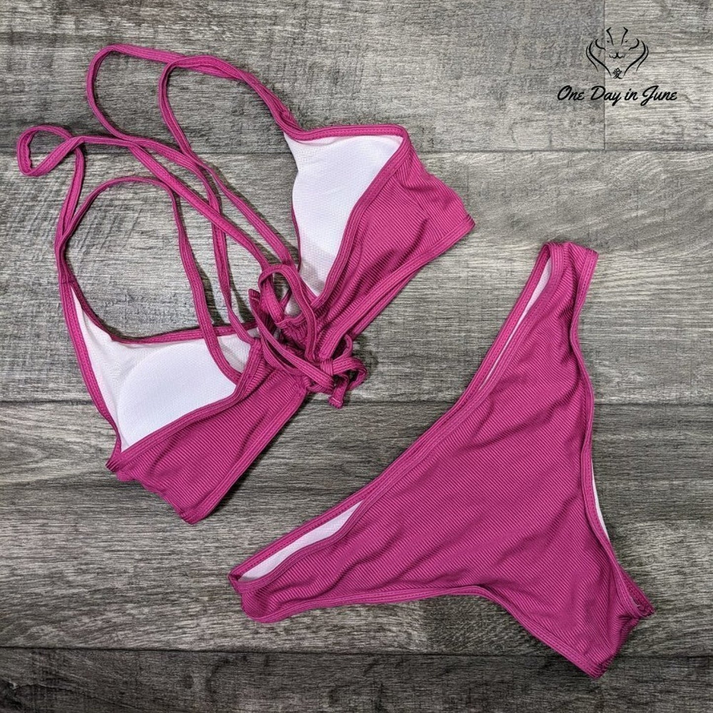 Amzbrly Lace Up Back Ribbed Bikini Swimsuit Size L