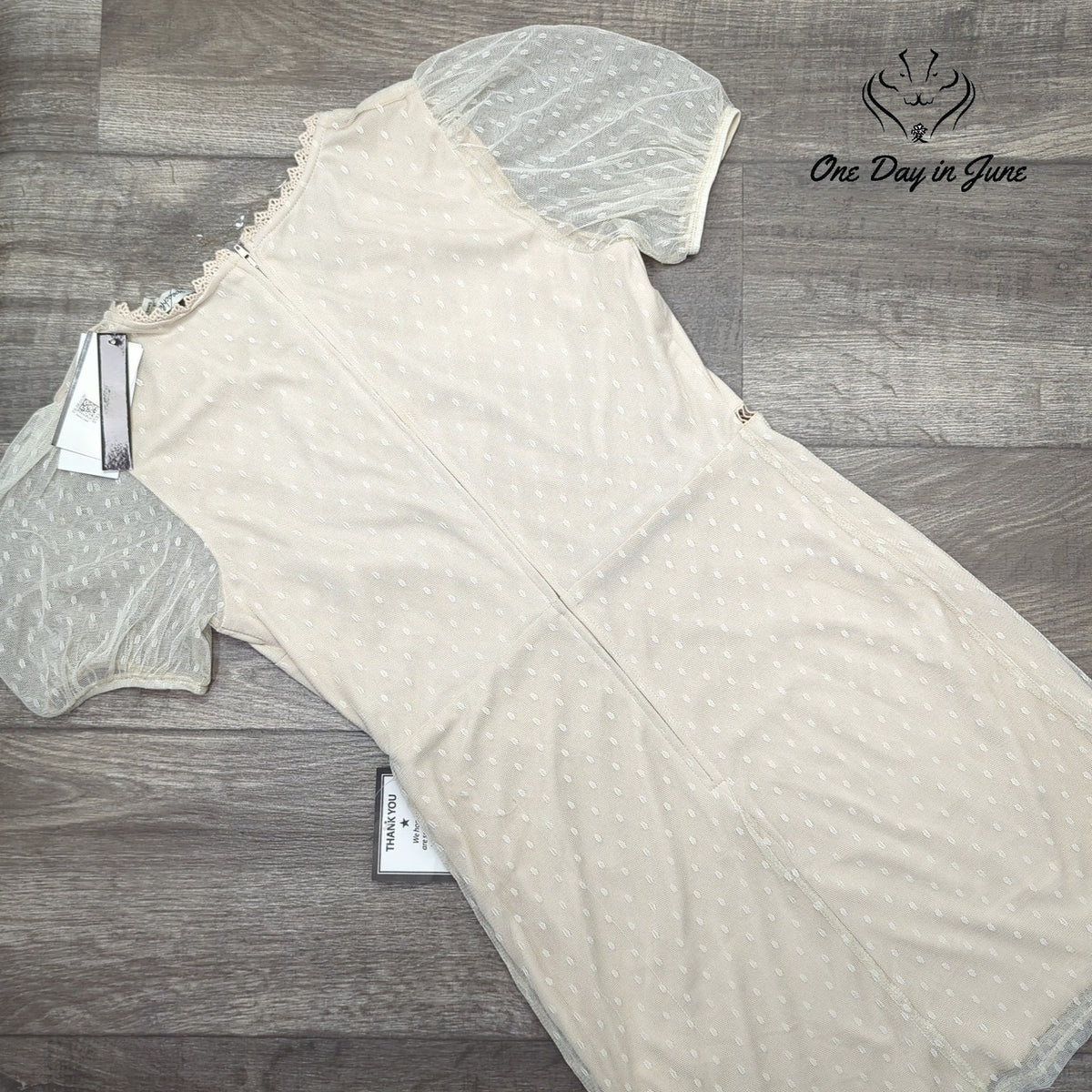 Speechless Swiss Dot Mesh Mini Dress Natural Puff Sleeve Lace Trim NWT Size S