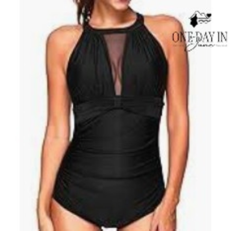 Aqua Eve Plus Size High Neck Mesh Ruched One Piece Swimsuit Black NWT Size 14W