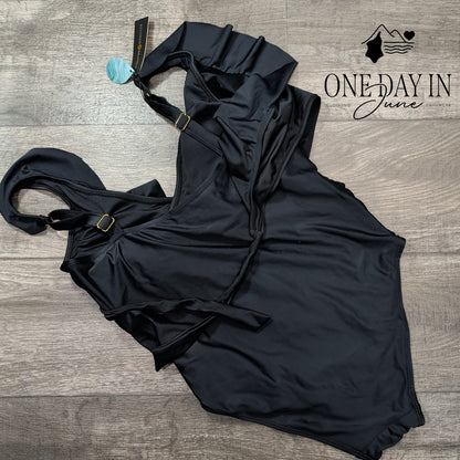 Kindred Bravely V Front Ruffle Shoulder One Piece Swimsuit Size L