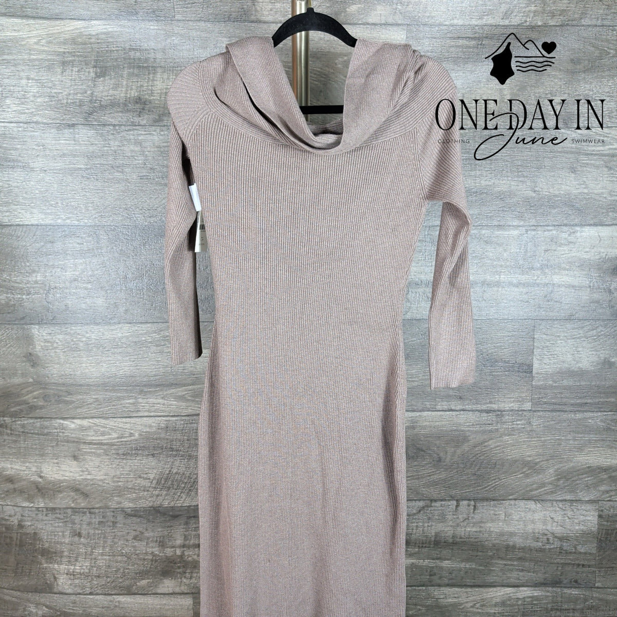Anthropologie Petite Cowl Neck Ribbed Sweater Midi Dress Taupe NWT Size LP