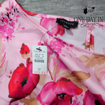 Talbots Watercolor Floral Fit & Flare Midi Dress Pink Red NWT Size 12