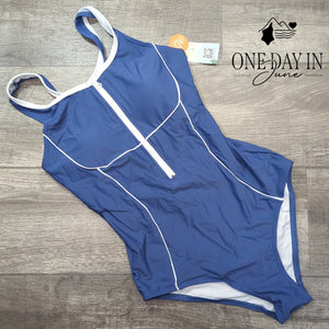 Charmo Front Racerback Athletic One Piece Swimsuit Blue White UPF 50+ NWT Size M