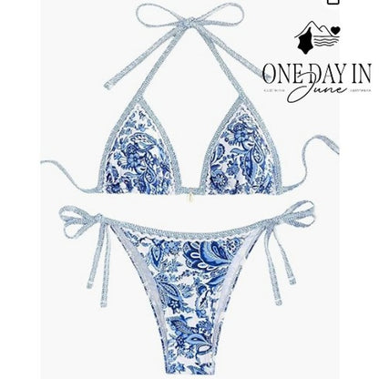 Volafa Smocked Triangle Tie Side Cheeky Bikini Swimsuit Blue Floral Size L