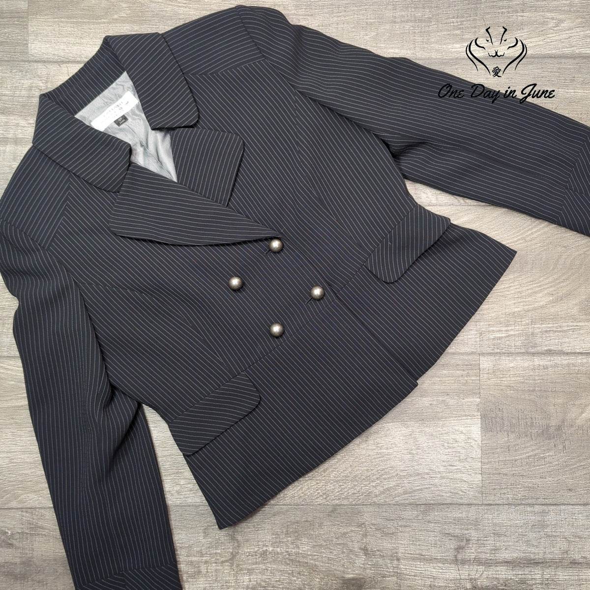 Tahari Arthur S Levine Petite Pinstripe Double Breasted Blazer Black Size 12P
