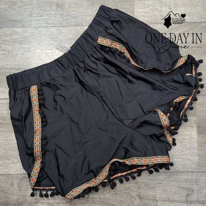 CharmLeaks Womens Pom Pom Trim Boho Swim Cover Up Shorts Black Size L