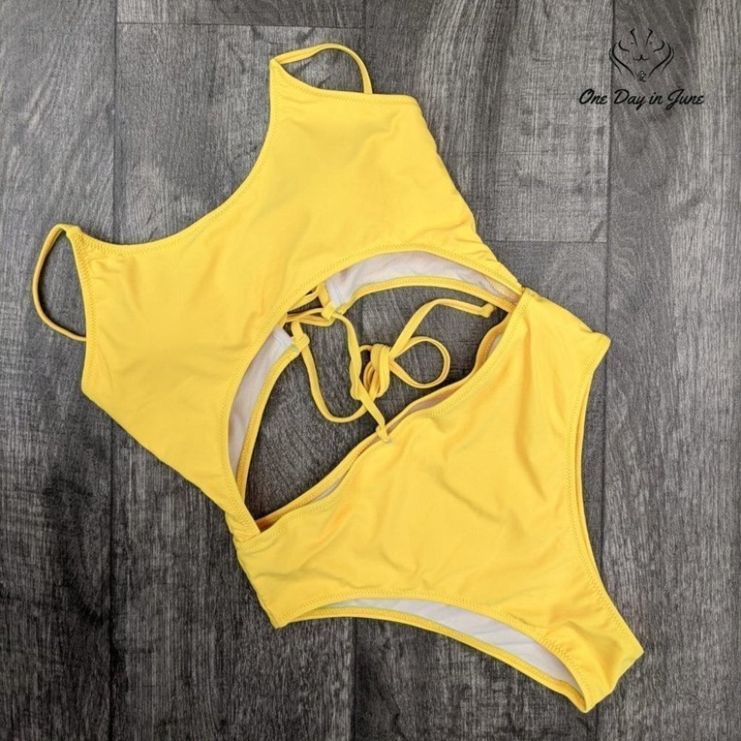 Meyeeka Cut Out High Cut One Piece Swimsuit Yellow Lace Up Monokini NWT Size L
