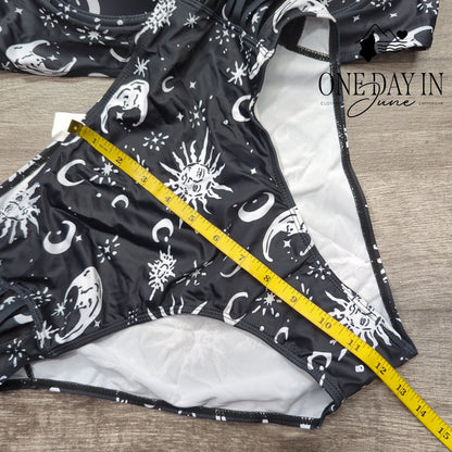 Aleumdr Celestial Print Cage Front High Waist Bikini Black White Size XL