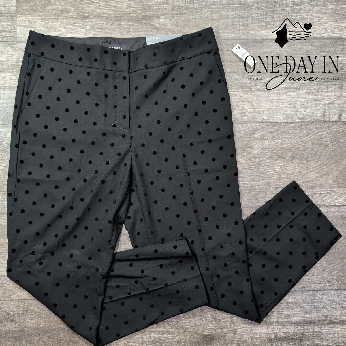 Talbots Hampshire Ankle Pants Black Flocked Polka Dot Straight Leg NWT Size 12