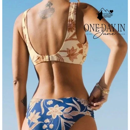 Cupshe Cross Front Bikini Swimsuit Floral Cream Navy Blue Two Piece NWT Size XL