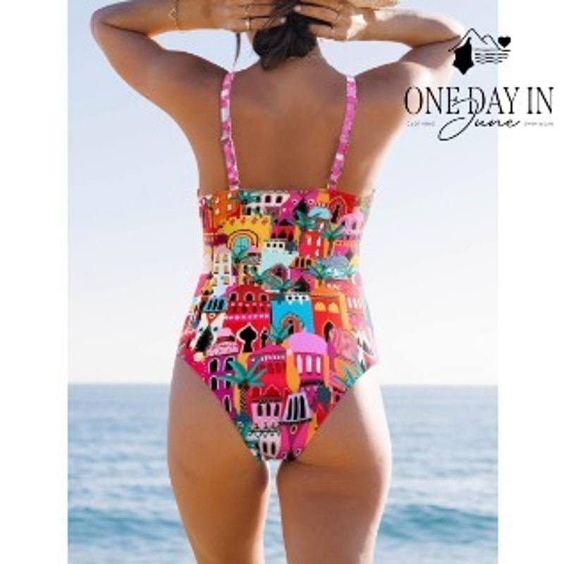 Sporlike Castle Print V Neck Ruched Tummy Control One Piece Swimsuit NWT Size L