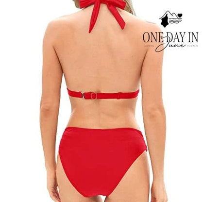 Yonique Halter Bikini Swimsuit Red Twist Front High Waist Two Piece NWT Size M