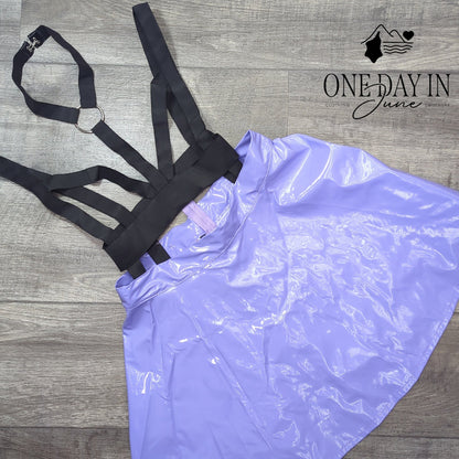 Chaotic Candy Lavender PVC Vinyl Flare Skirt Black Harness Straps Size L