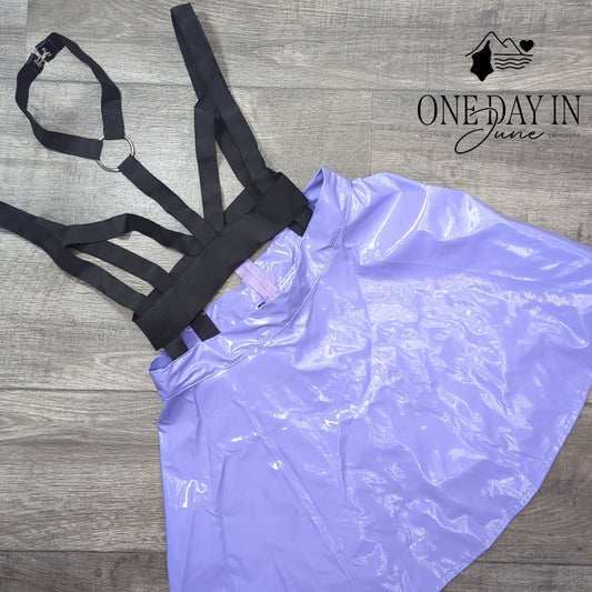 Chaotic Candy Lavender PVC Vinyl Flare Skirt Black Harness Straps Size L