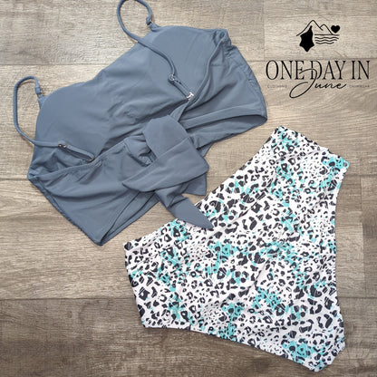CharmLeaks Crop Top High Waist Bikini Swimsuit Gray Leopard Print Size L