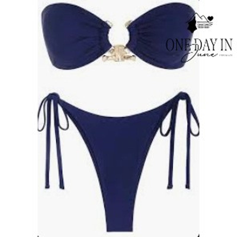 Zaful Bandeau Tie Side Bikini Swimsuit Navy Blue Gold Hardware NWT Size M