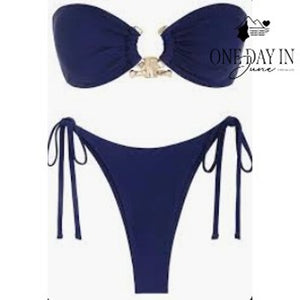 Zaful Bandeau Tie Side Bikini Swimsuit Navy Blue Gold Hardware NWT Size M
