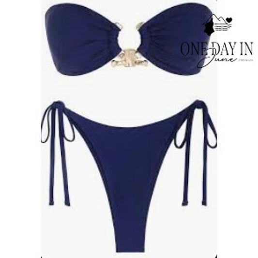 Zaful Bandeau Tie Side Bikini Swimsuit Navy Blue Gold Hardware NWT Size M