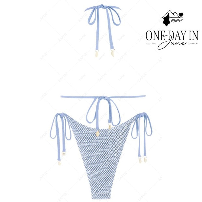 Zaful NWT Fishnet Bikini Set Light Blue Shell Tie Side High Cut Swim Size XL
