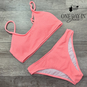 Aleumdr Smocked Textured Crop Bikini Swimsuit Neon Pink Size M