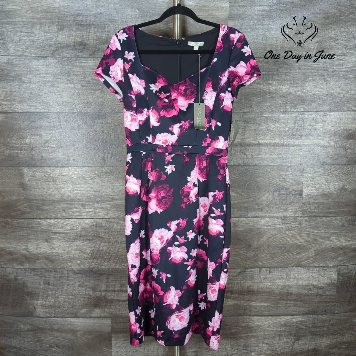 Eva Mendes NY&C Floral Cap Sleeve Midi Sheath Dress Navy Pink NWT Size 8