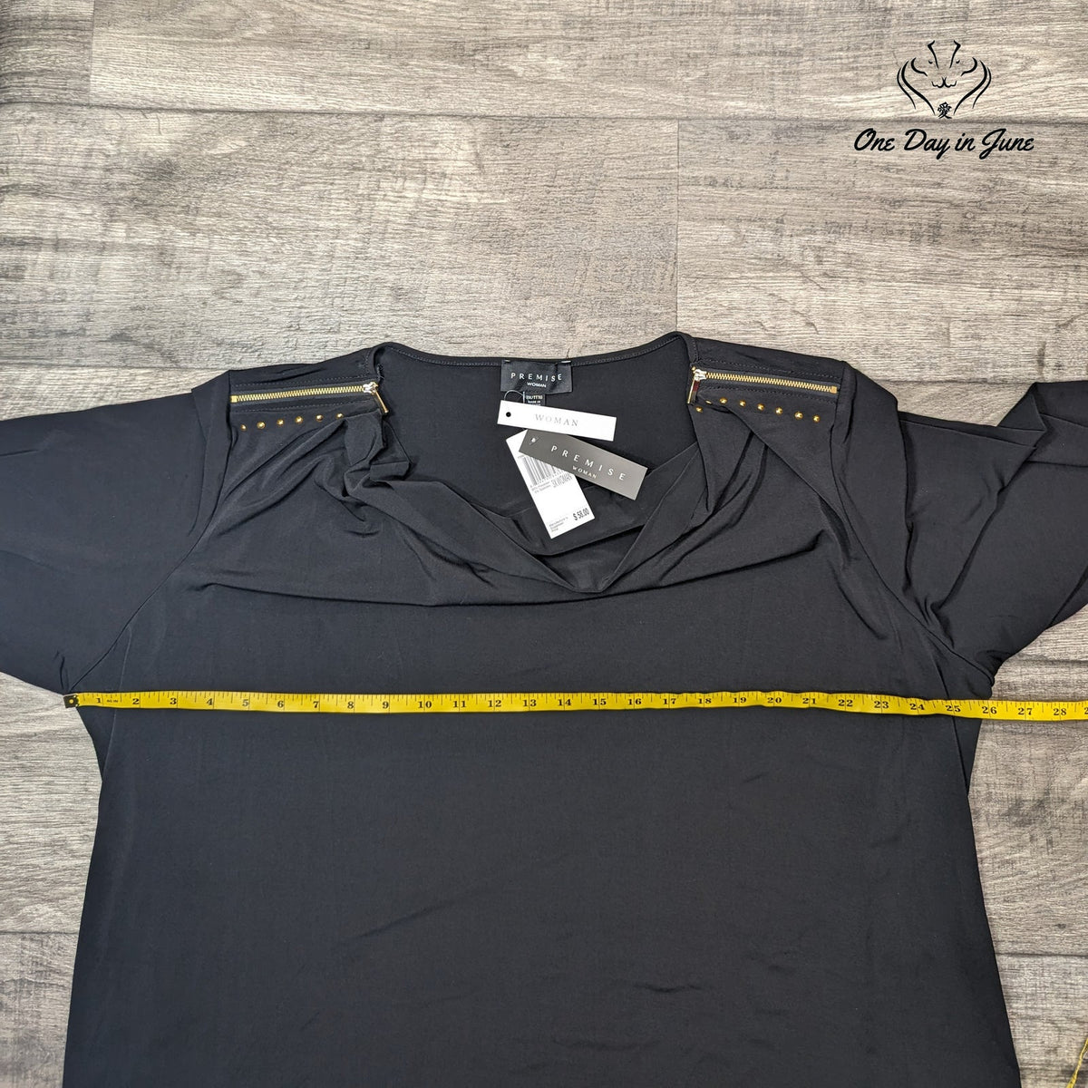 Premise Black Cowl Neck Blouse Gold Zipper Shoulder Long Sleeve NWT Size 3X
