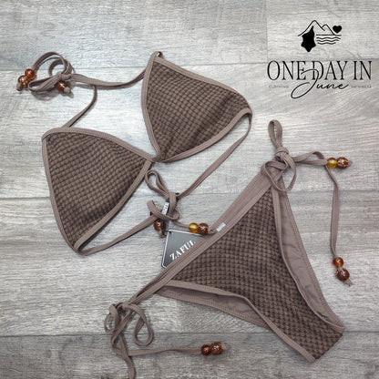 Zaful Triangle Beaded Tie Side Bikini Swimsuit Size S
