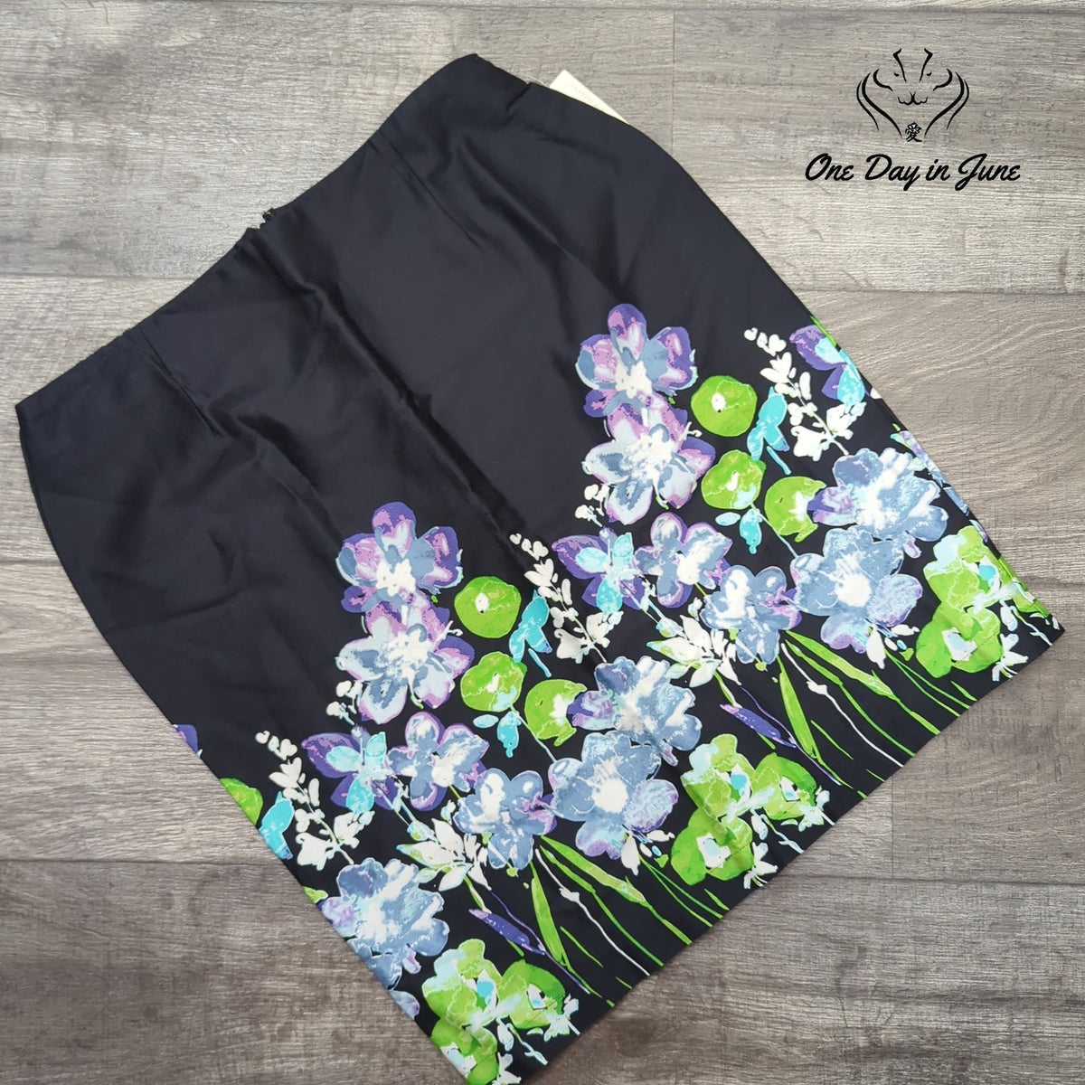 Kim Rogers Petite Floral Border Print Knee Length Skirt Blue Green NWT Size PL
