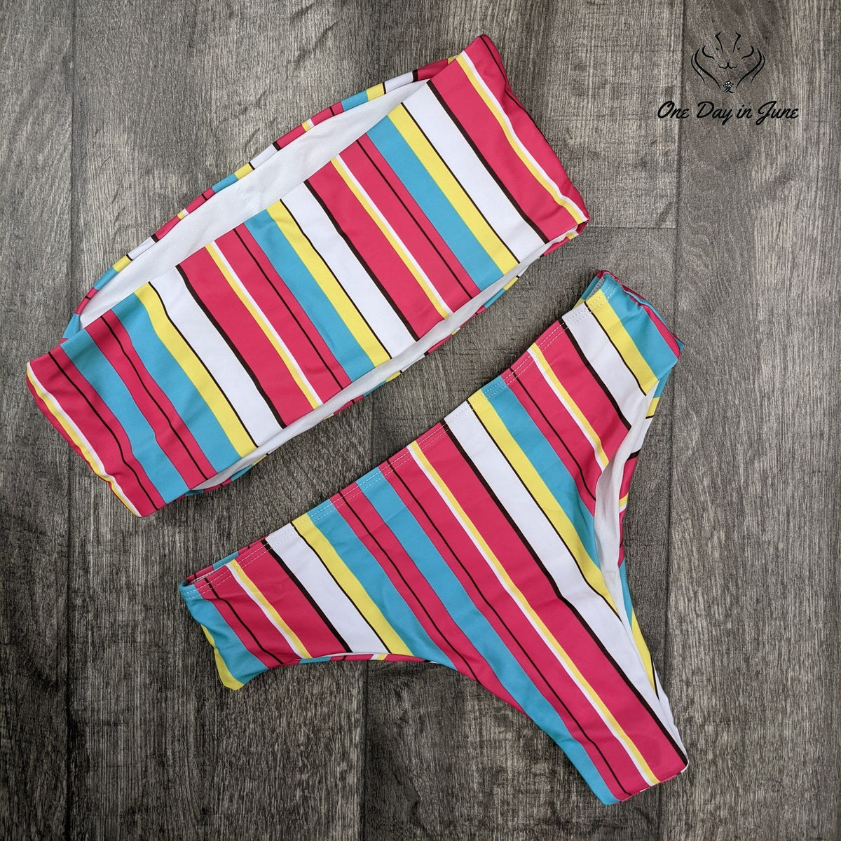 Amzbrly Striped Bandeau Cheeky Bikini Swimsuit Pink Blue Yellow Size M