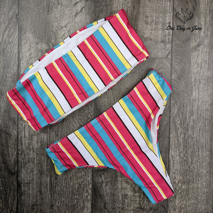 Amzbrly Striped Bandeau Cheeky Bikini Swimsuit Pink Blue Yellow Size M