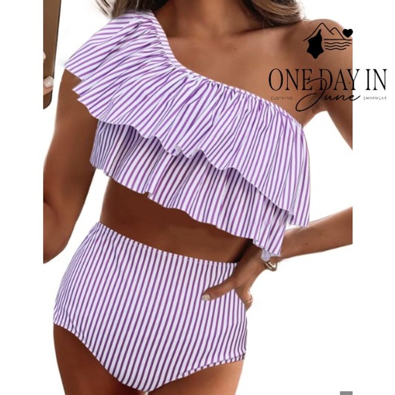 Vimpunec One Shoulder Ruffle High Waist Bikini Purple Stripe NWT Size M