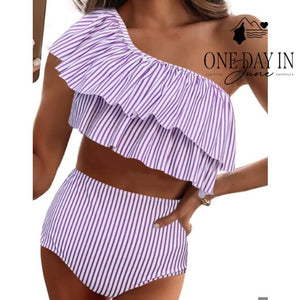 Vimpunec One Shoulder Ruffle High Waist Bikini Purple Stripe NWT Size M