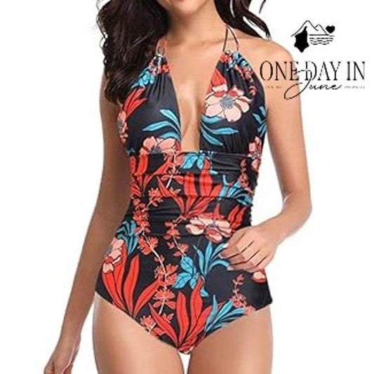 CharmLeaks V Front Tummy Control One Piece Swimsuit Floral Halter NWT Size S