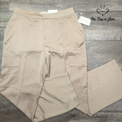 Olivia Sky Madrid Satin Cargo Pants Tan Praline Straight Leg NWT Size 10