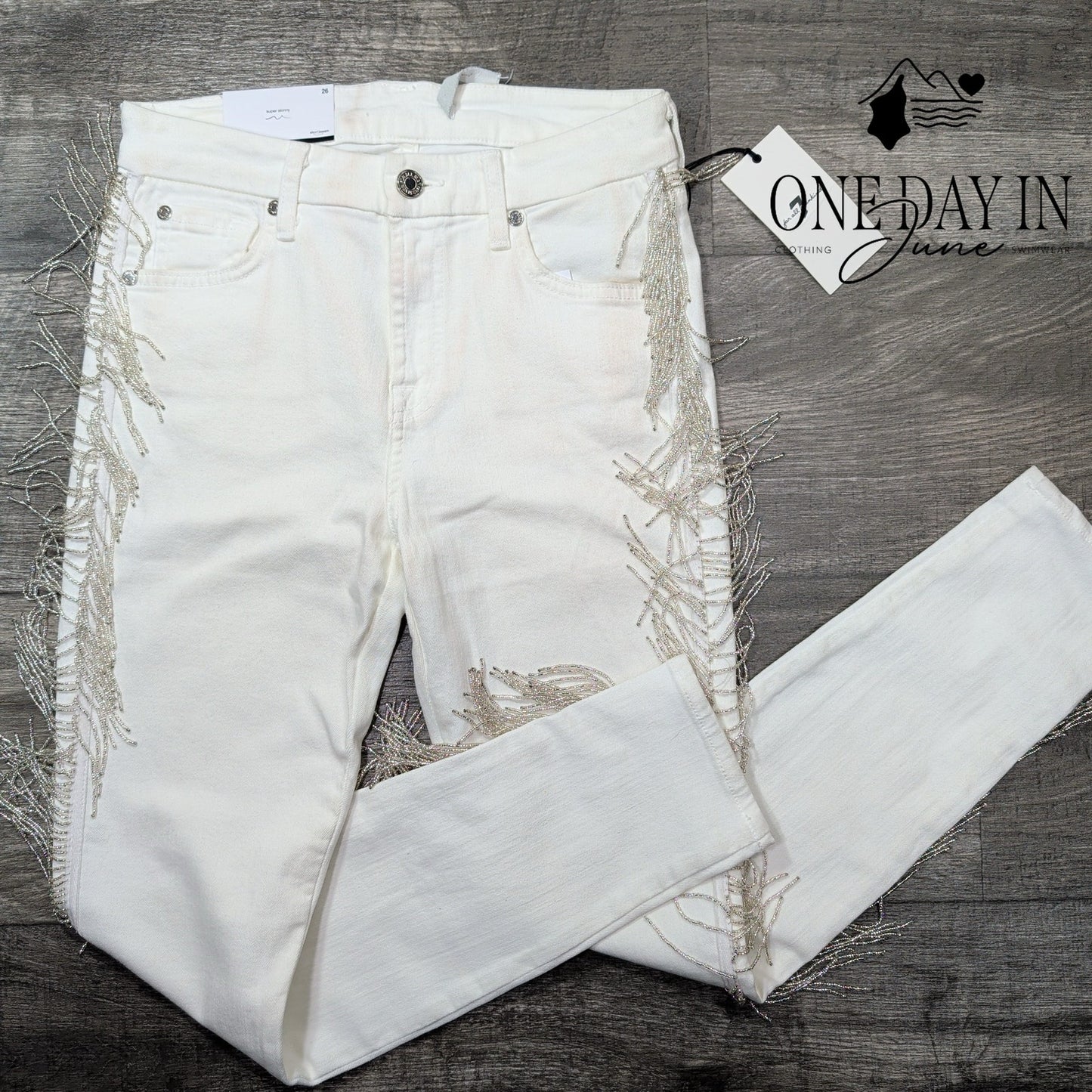 7 For All Mankind Jeans White Beaded Fringe Mid Rise Ankle Skinny NWT Size 2 (26