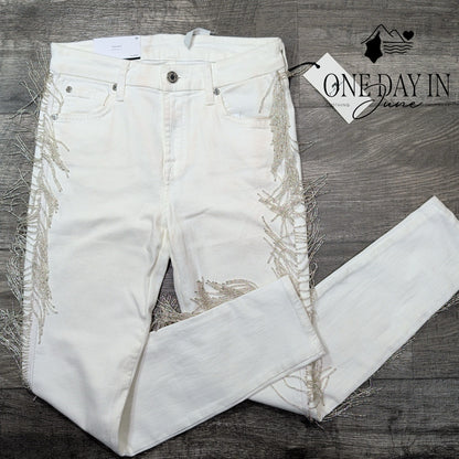 7 For All Mankind Jeans White Beaded Fringe Mid Rise Ankle Skinny NWT Size 2 (26