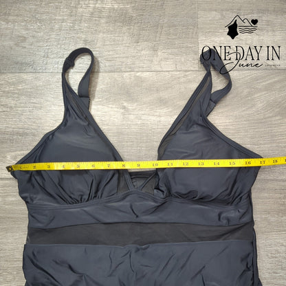 Zando Black Mesh Cutout One Piece Swimsuit V Neck Ruched Size XL