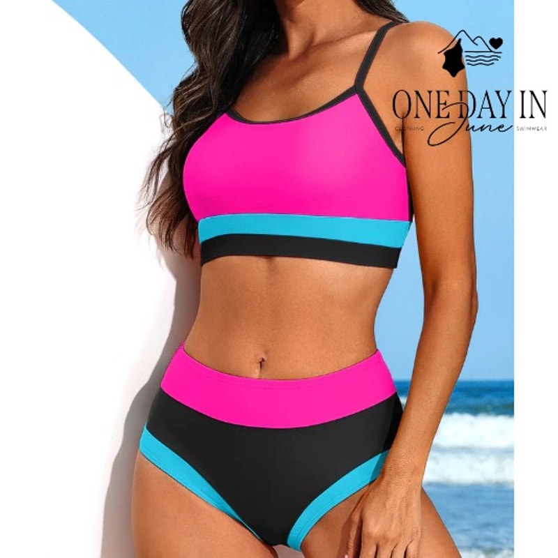 Charmo High Waist Colorblock Crop Top Bikini Swimsuit Pink Aqua NWT Size XL