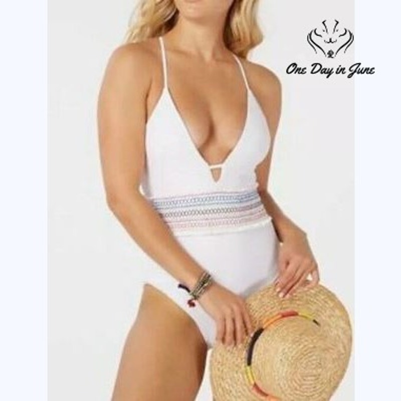 Bar III Smocking Solids Plunge One Piece Swimsuit White Rainbow NWT Size XL